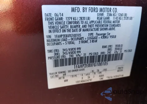 2015 Ford Taurus Sel из США, поврежденный, VIN 1FAHP2E8XFG100105